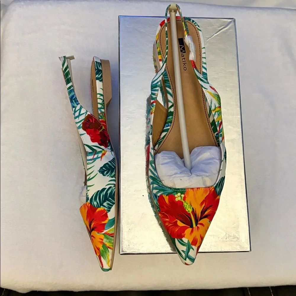 🦜 Matiko Lori Hawaiian Print Flat Pointed Toe Slingback Shoes. New! - Picture 1 of 9